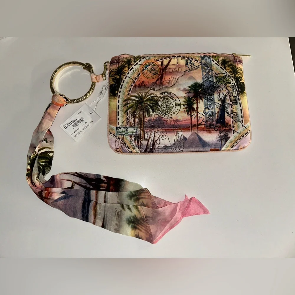Camilla “Millas Got Mail” Egypt motif silk ring scarf clutch wristlet bag sac